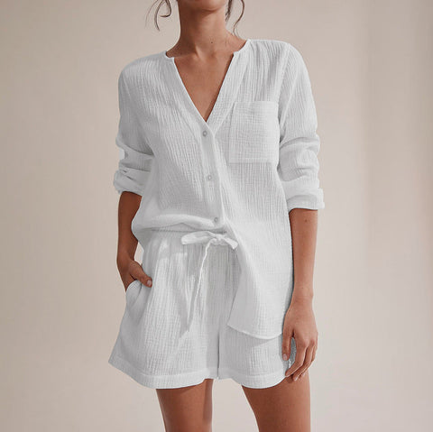 Pyjama short à manches longues en gaze de coton blanche Eléonore - Les Petits Imprimés - eshop pyjama gaze de coton