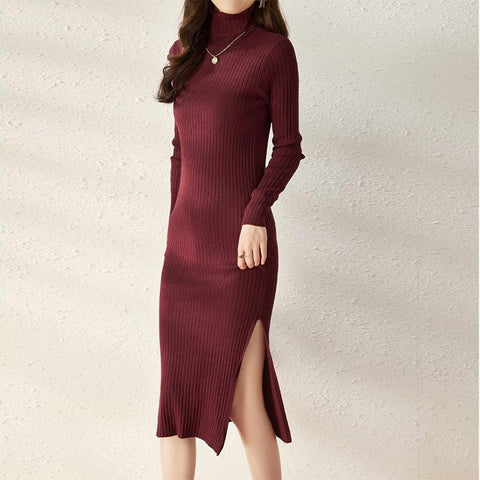 Robe pull longue femme fendue à col roulé bordeaux Célénia - Les Petits Imprimés - eshop robe pull femme