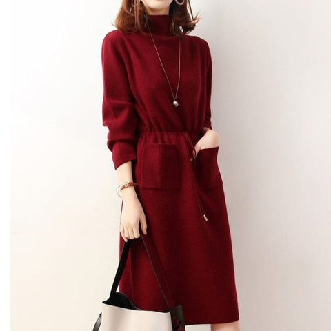 Robe pull rouge bordeaux décontractée en laine feutrée Judy - Les Petits Imprimés - eshop robe pull rouge laine chaude