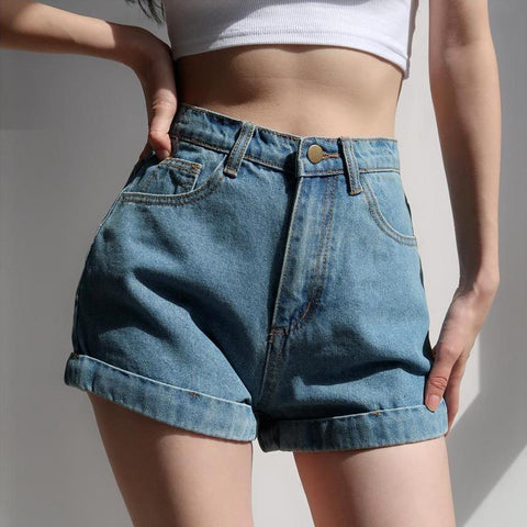 Short en jean taille haute bleu clair (existe en blanc, bleu foncé et gris foncé) - Les Petits Imprimés - eshop mode femme chic