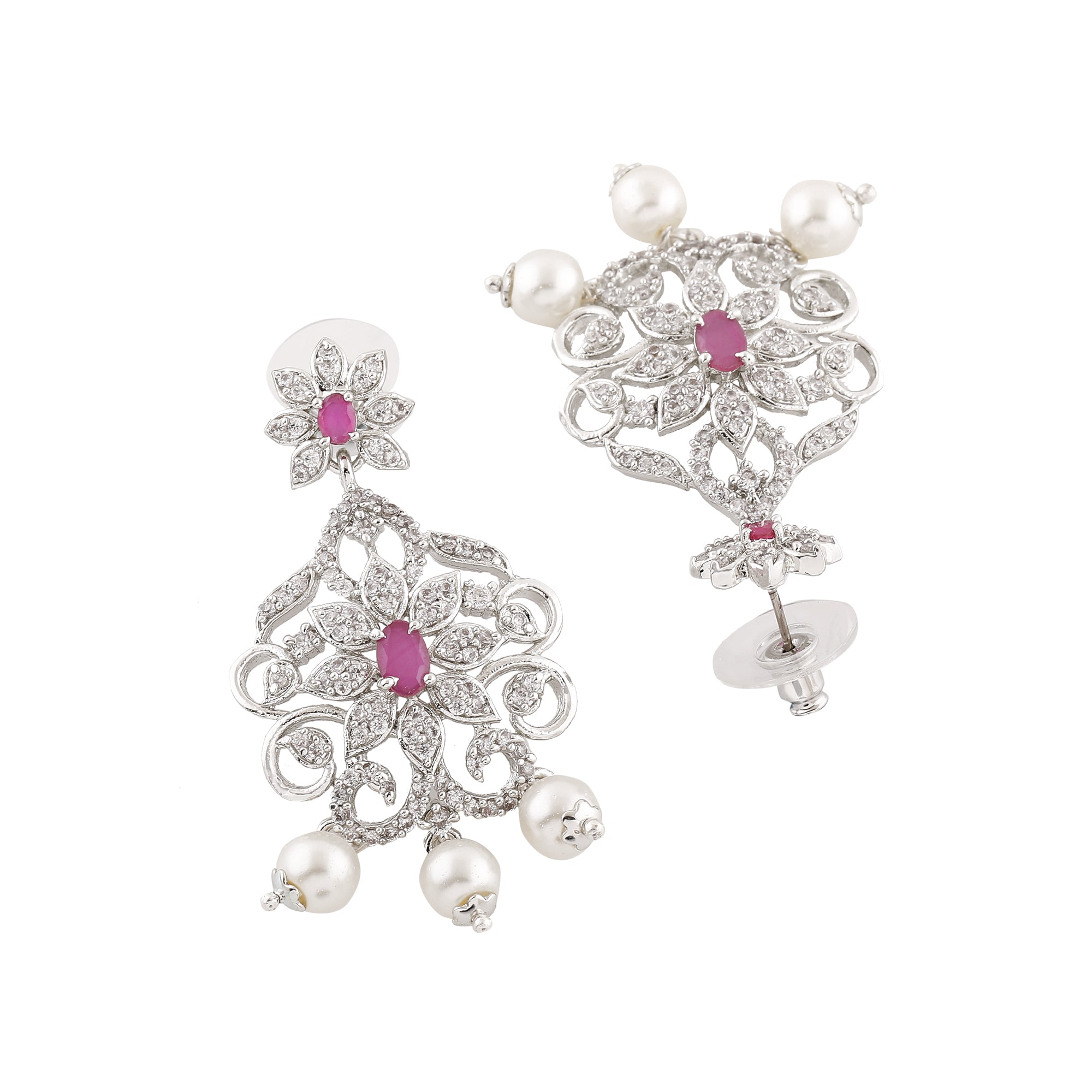 

Estele Rhodium Plated CZ Fascinating Drop Earrings With Pearl & Pink Crystals For Women