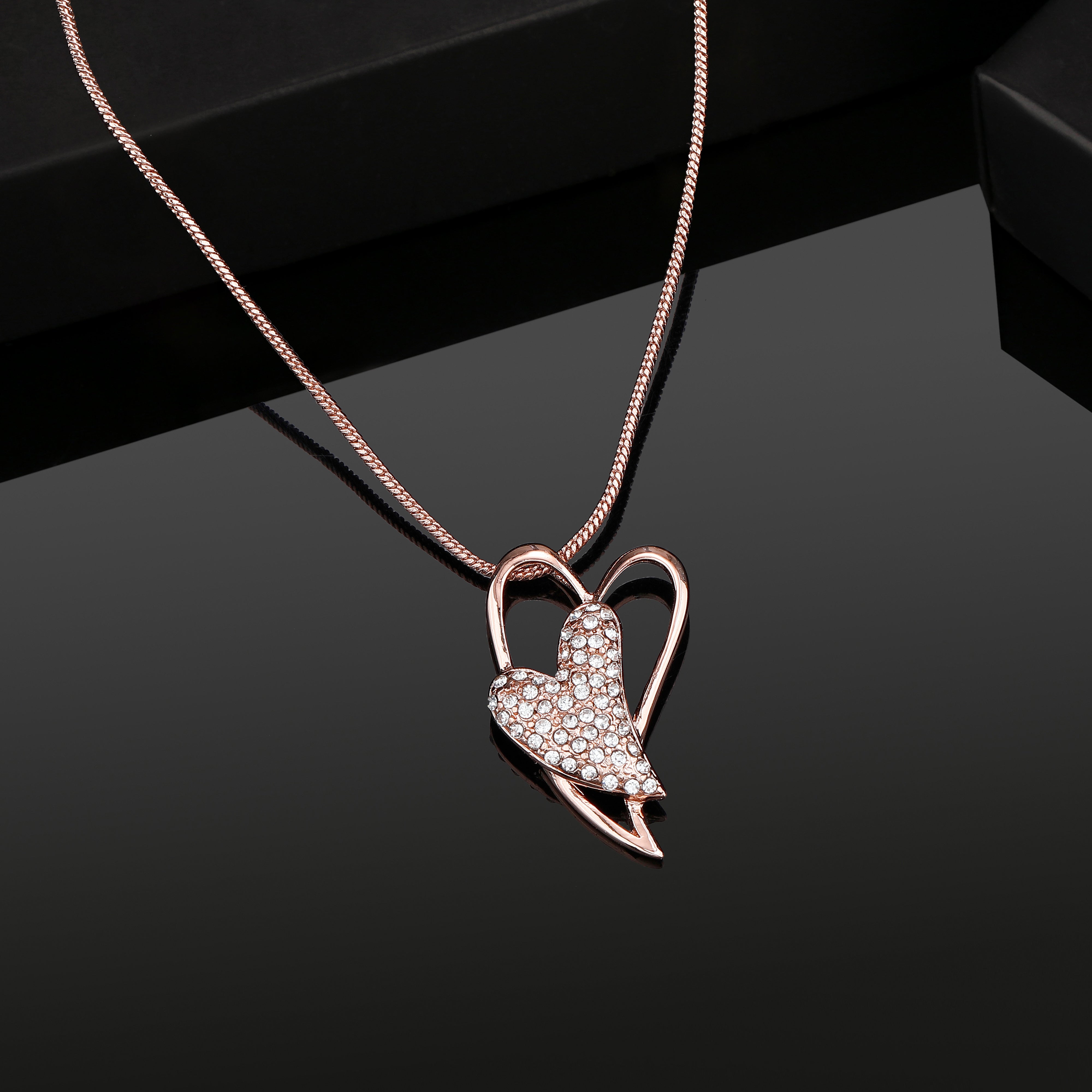 Estele Rose Gold Plated Dual Heart Pendant with Austrian Crystals for