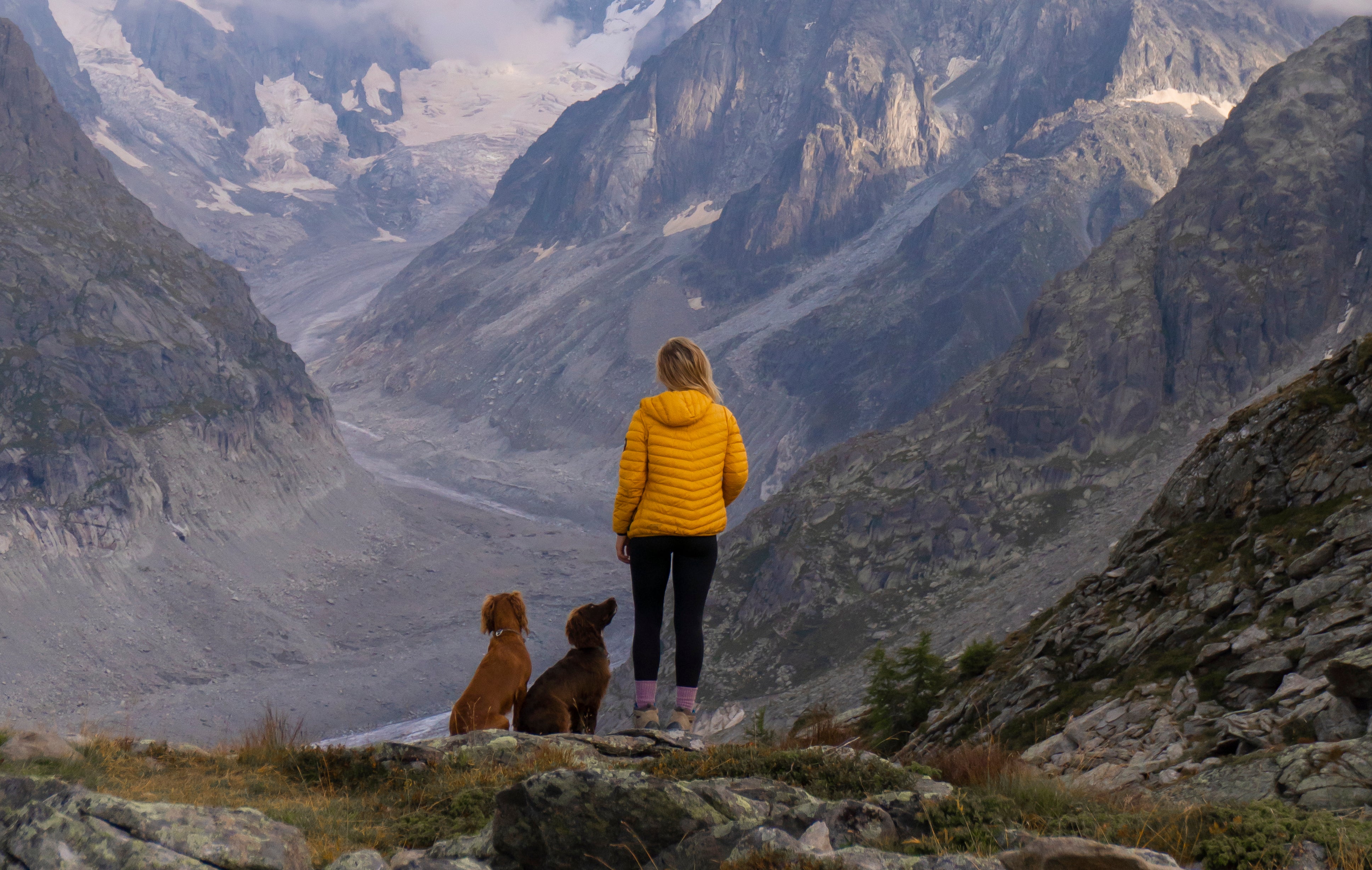 A woman and her two dogs stand on a trail and look out at the mountains. 