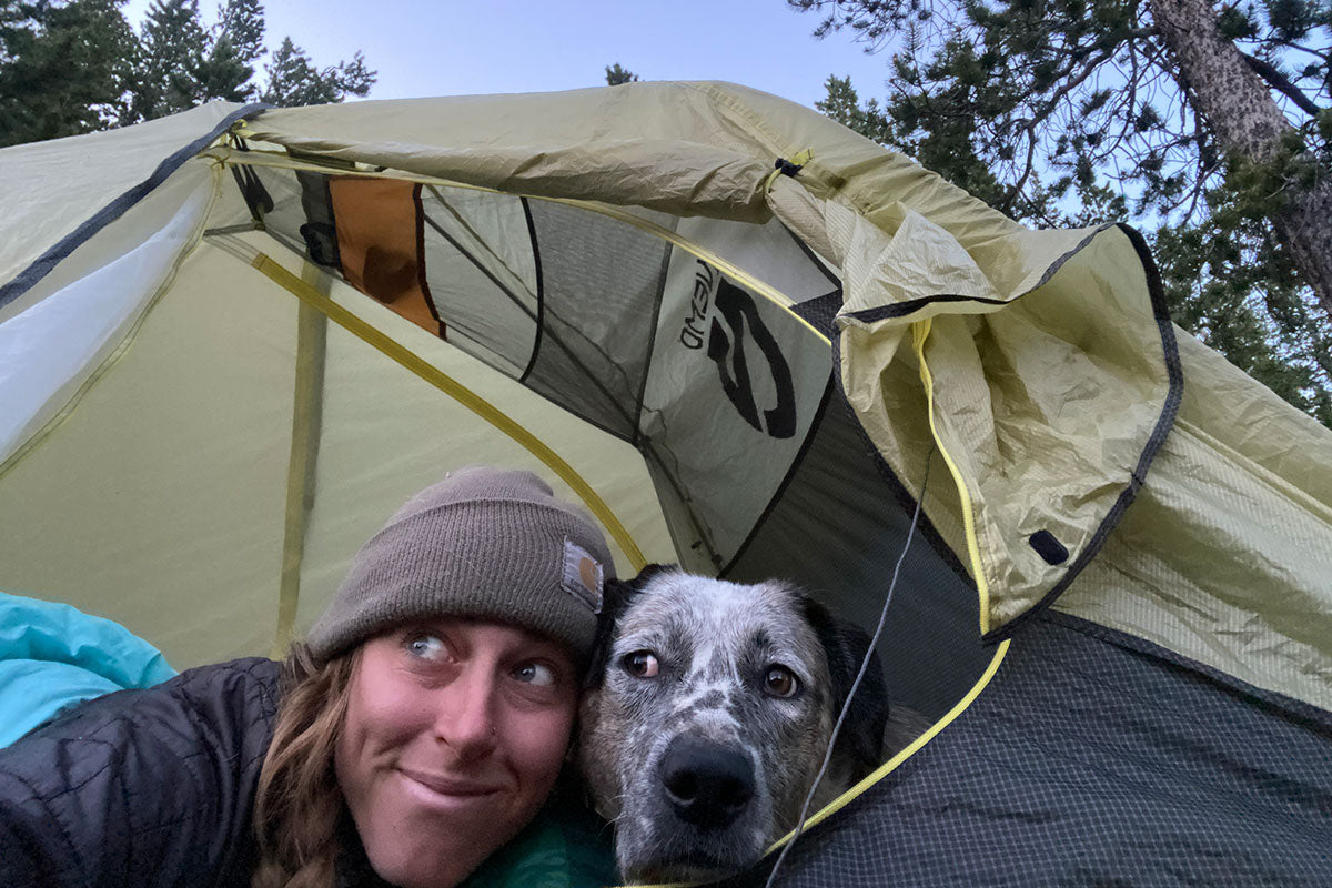 Indy and Julianne peep out their NEMO tent.