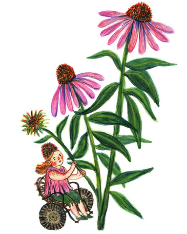 Fairy in a wheelchair holding onto flowers