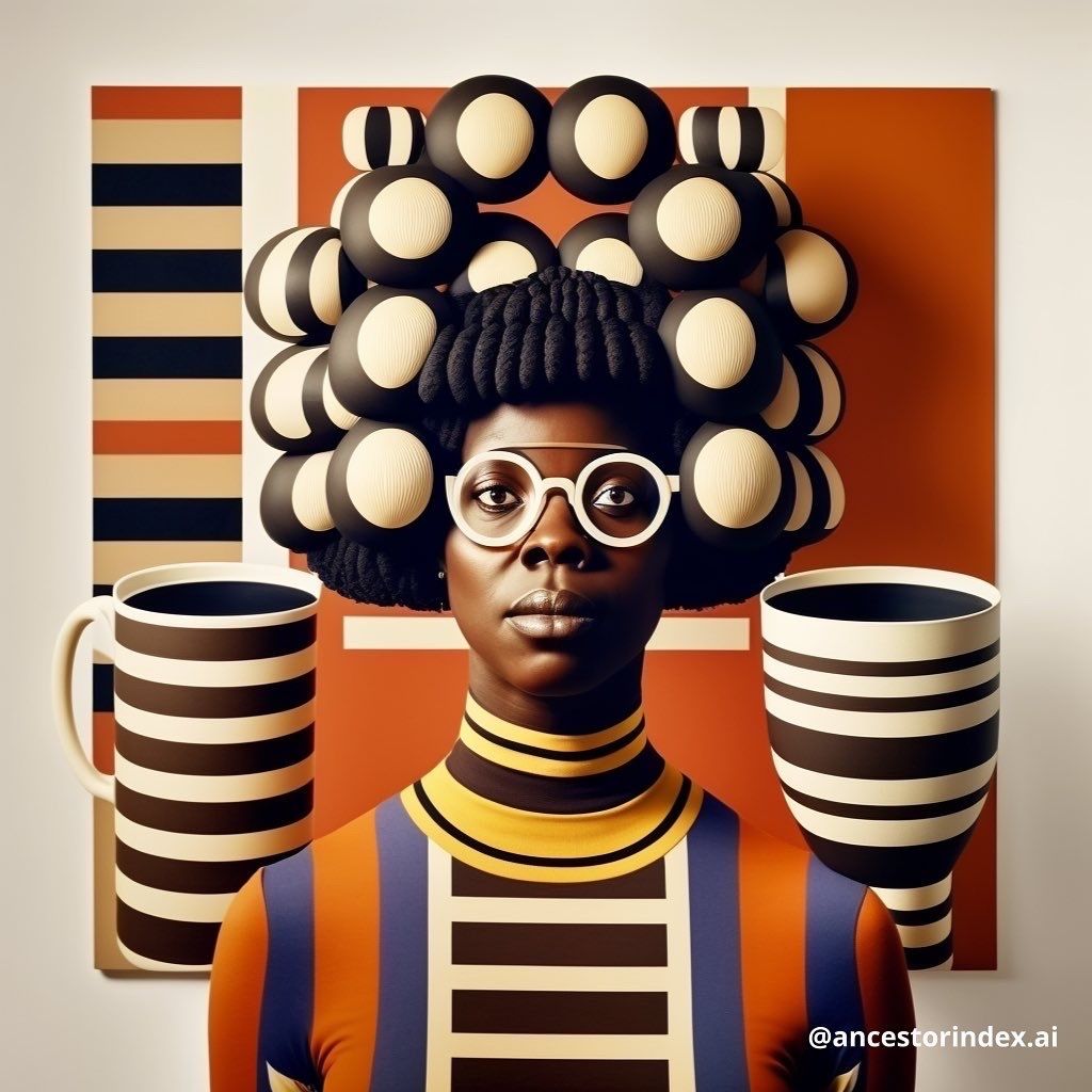 Ancestry AI image created by artist Hadiya Williams that has a Black woman in colorful clothing surrounded by striped vessels in front of a striped background