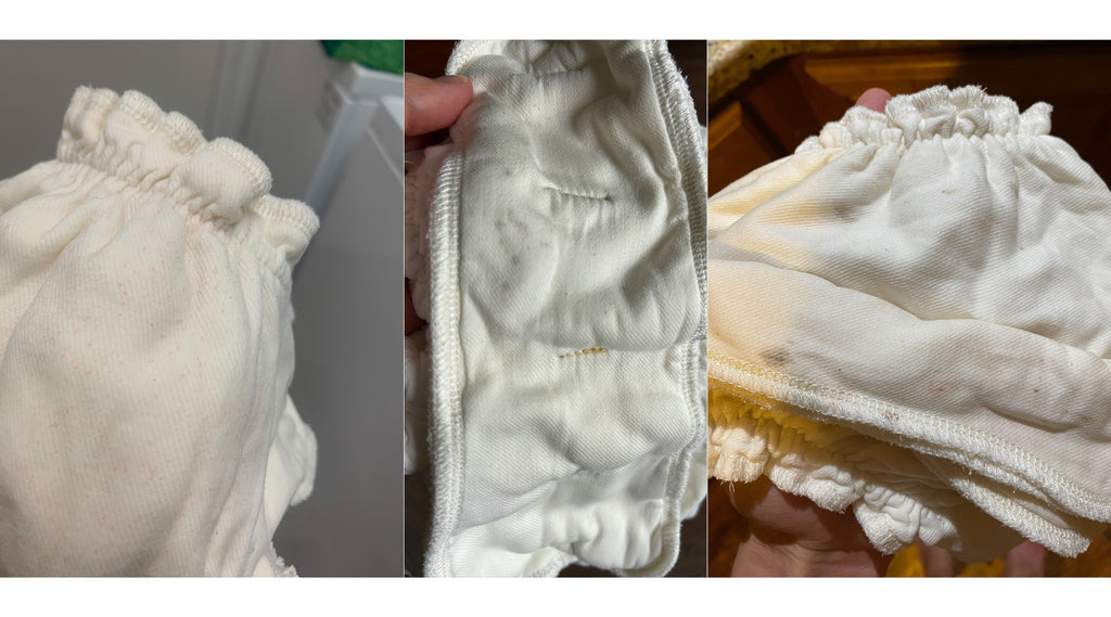 3 images of mildew on inner cloth diaper