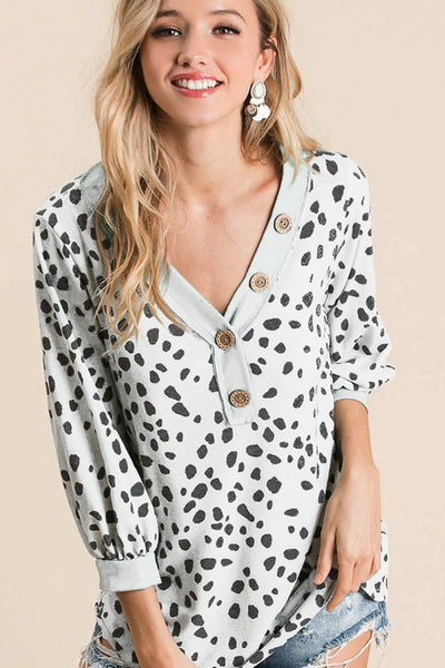Ivory Dalmatian Print Terry Top with Puff Sleeves