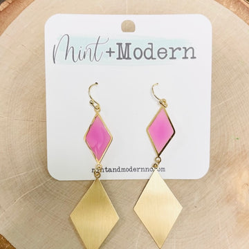 Pink & Gold Double Diamond Shape Drop Earrings