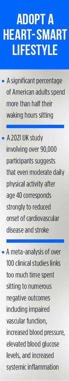 Adopt A Heart-Smart Lifestyle. A significant percentage of American adults spend more than half their waking hours sitting. A 2021 UK study involving over 90,000 participants suggests that even moderate daily physical activity after age 40 corresponds strongly to reduced onset of cardiovascular disease and stroke. A meta-analysis of over 100 clinical studies links too much time spend sitting to numerous negative outcomes including impaired vascular function, increased blood pressure, elevated blood glucose levels, and increased systemic inflammation.