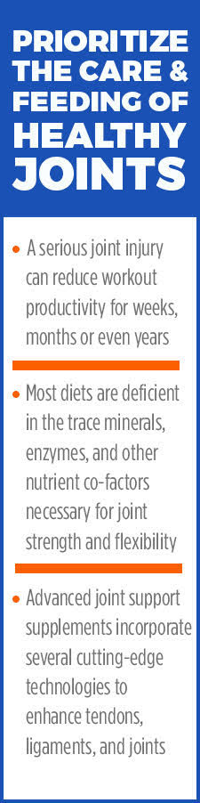 Prioritize the care & feeding of healthy Joints. A serious joint injury can reduce workout productivity for weeks, months or even years. Most diets are deficient in the trace minerals, enzymes, and other nutrient co-factors necessary for joint strength and flexibility. Advanced joint support supplements incorporate several cutting-edge technologies to enhance tendons, ligaments, and joints.