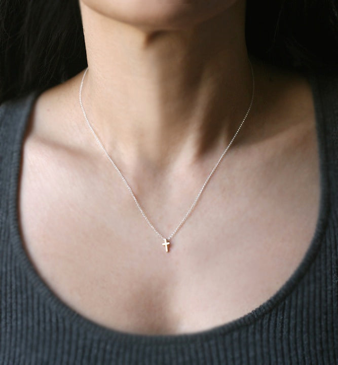 Tiny Cross Necklace in 14k Gold and 