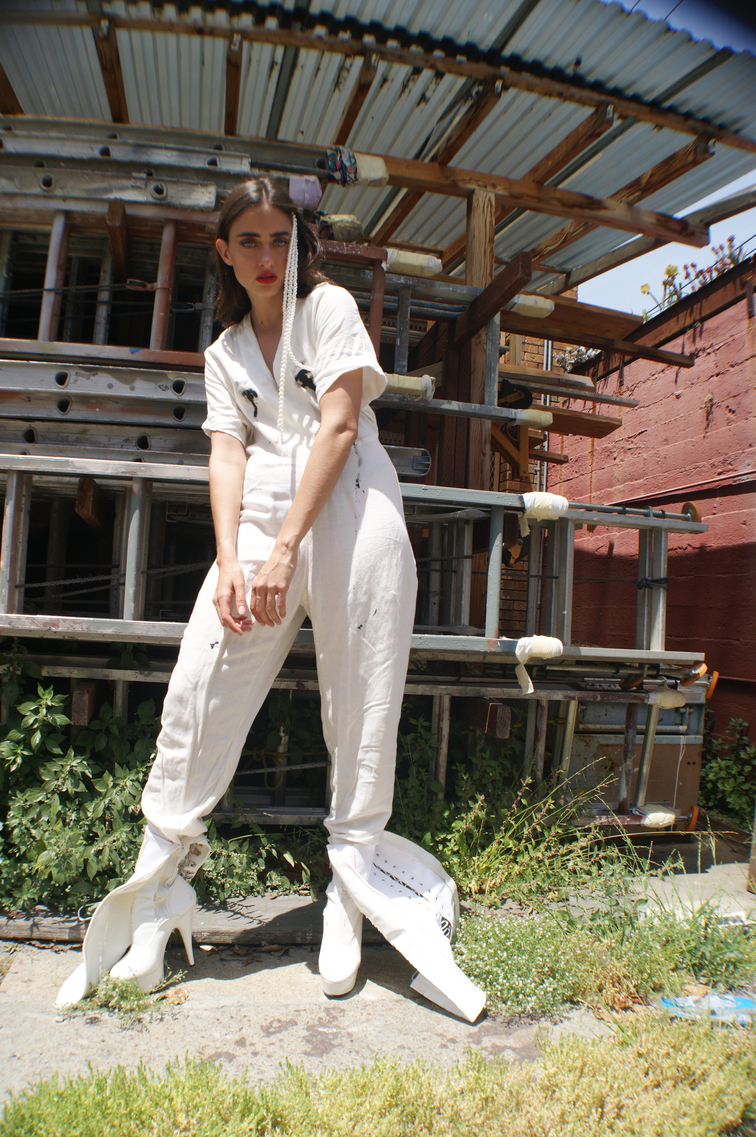 White Linen Jumpsuit With Avant Garde "Crying Eyes"