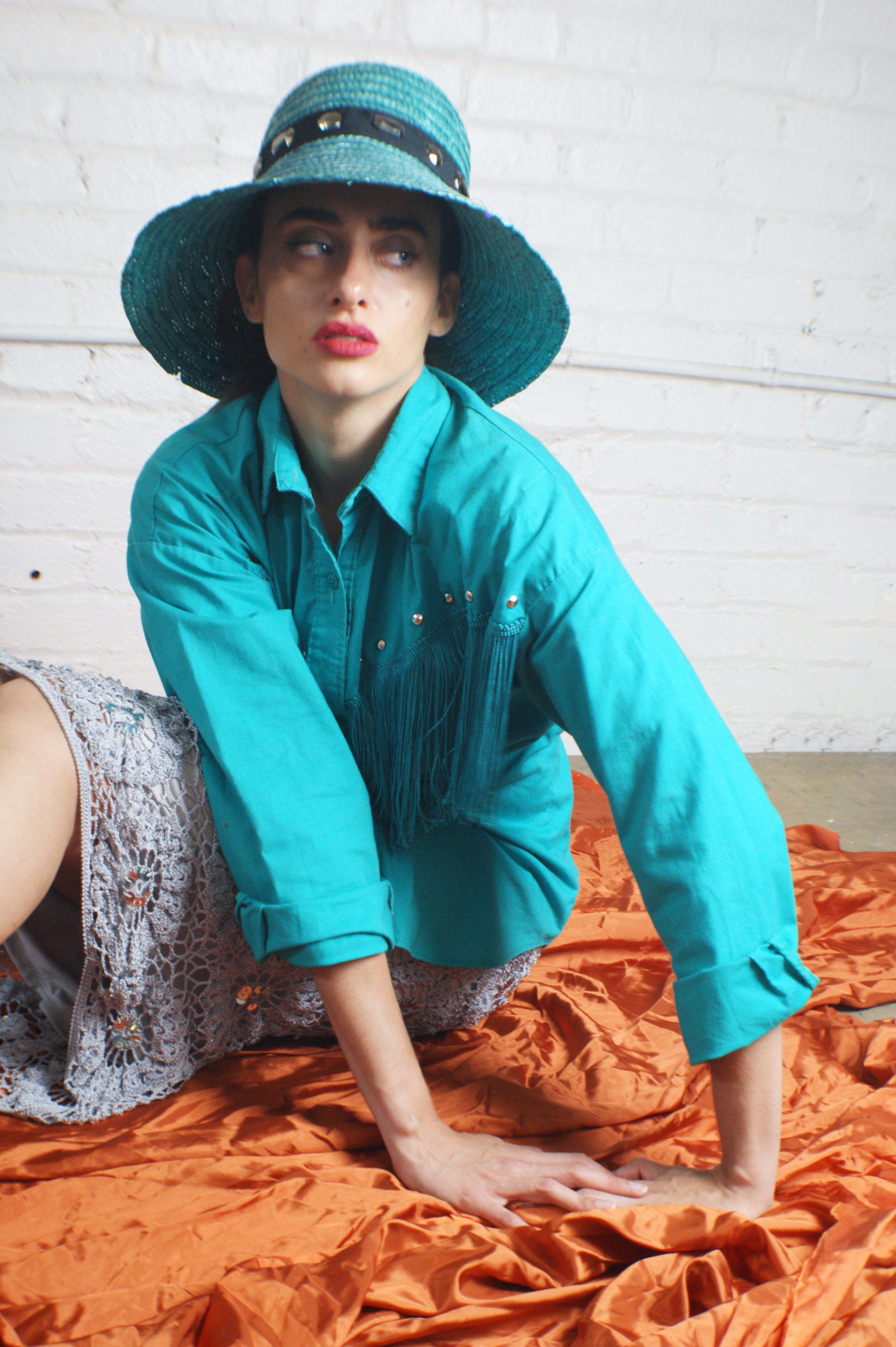 Western Teal Green Fringe Shirt