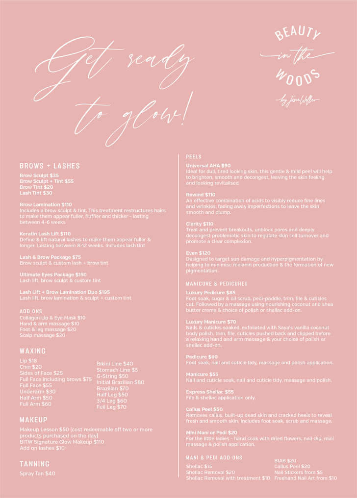 beauty in the woods treatment menu