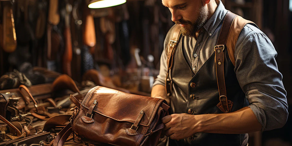 man prepping leather purse for cleaning