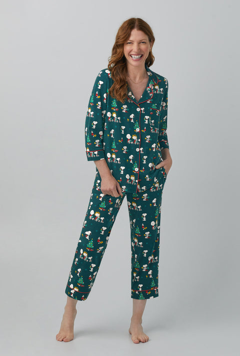 Womens Silk Blend Crane Printed Long Sleeves Pajamas Sets