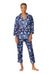 A lady wearing a blue quarter sleeve pj set with blue floral pattern.