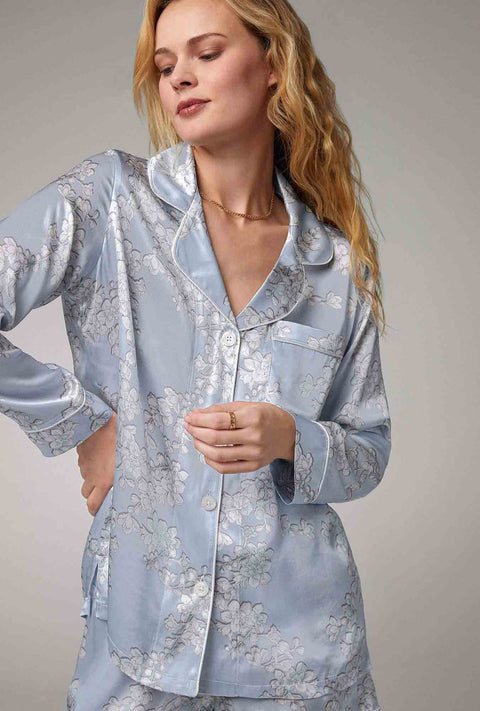 Blue 3D Stripe Long Sleeve Classic Woven Cotton Sateen PJ Set