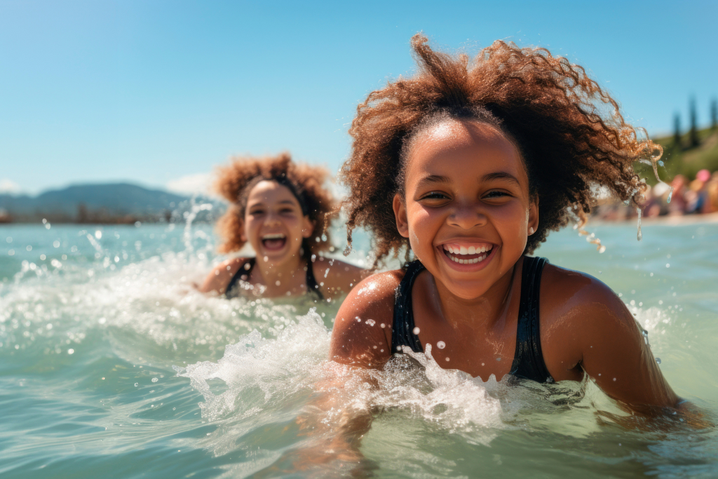 AI Generated Image of Curly Hair Kids Swimming in Ocean