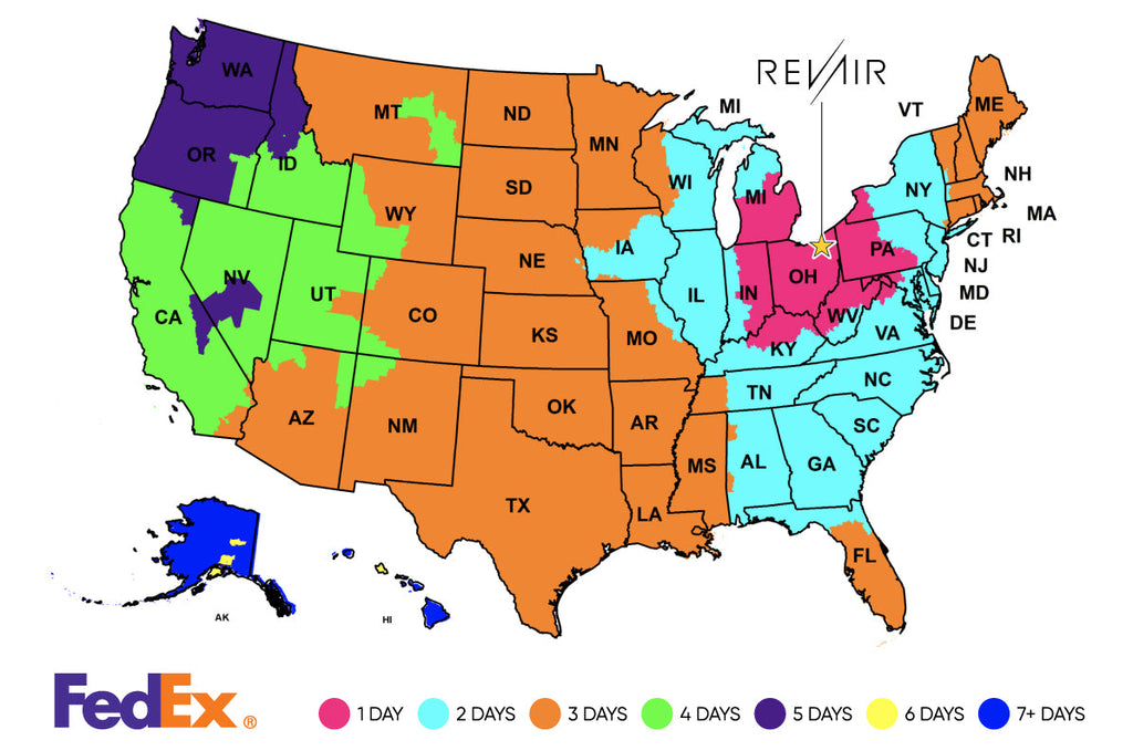 Fedex shipping map with zones originating from Macedonia, OH. Transit to all US states from OH are between 1-5 days depending on delivery. Email support@myrevair.com for exact transit time.
