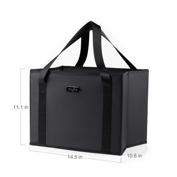 Store and tote bag showing 11.1in high, 14.5in long, 10.6in wide