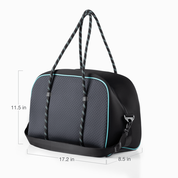 Weekender bag showing 11.5in high, 17.2in long, 8.5in wide