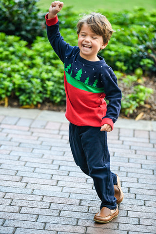 happy boy in Christmas tree sweater