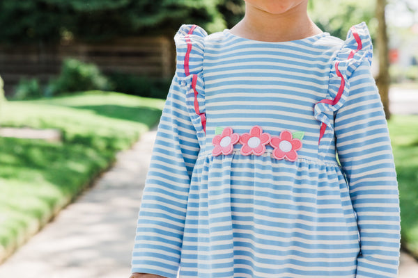 blue stripe dress with flower appliqués for girls