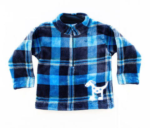 blue plaid fleece top with dog image