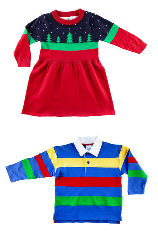 Christmas tree sweater dress and boy's blue stripe shirt