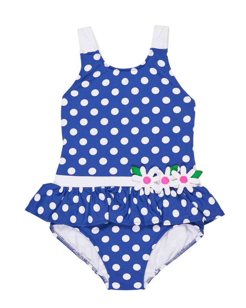 blue and white polka dot swimsuit