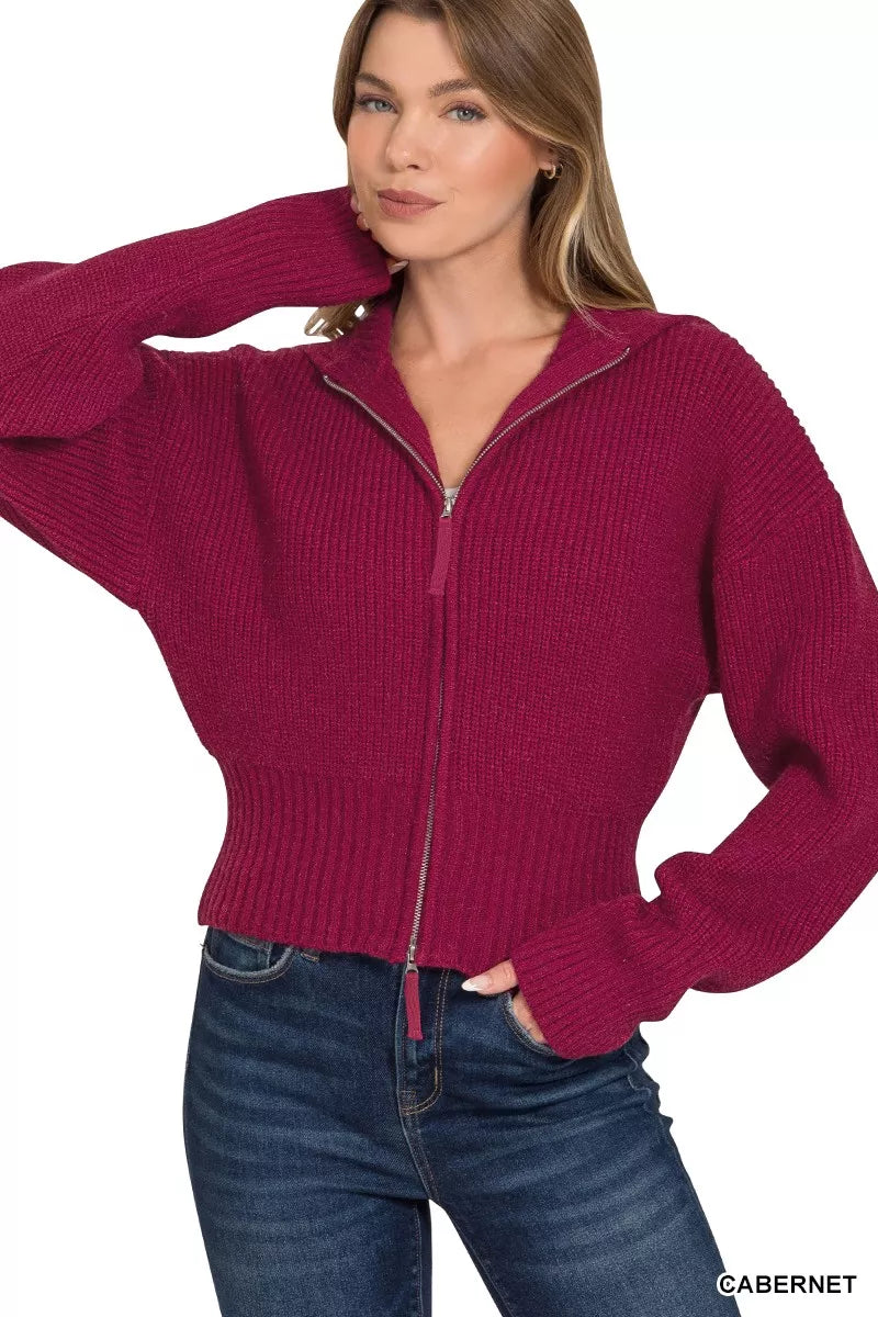 Zenana Ribbed Collared Zip Up Sweater Cardigan