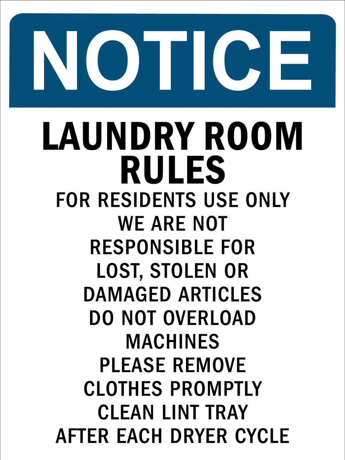 Notice Laundry Room Rules Sign New Signs