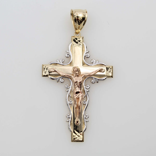 14K Real 3 Color Yellow White Rose Gold Fancy Jesus Cross Crucifix Religious Charm Pendant