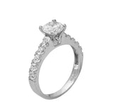 2.50 Ct 14K Real White Gold Round Cut with Round Pave Set Side Stones 4 Prong Cathedral Setting Engagement Wedding Propose Promise Ring with Matching Band Duo 2 Ring Set