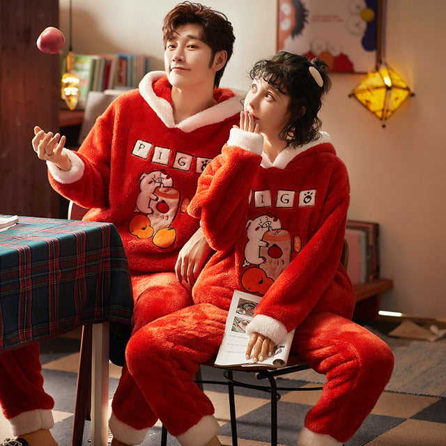 ☍✵SLPBELY Couple Pajamas Set Homesuit Winter Coral Fleece Cartoon Bear Long  Sleeve Men And Women Nig