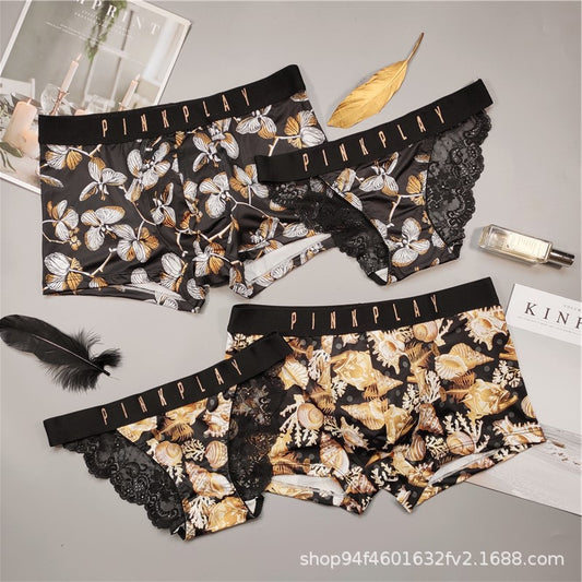 Printed Mesh & Lace Matching Couples Underwear Sets - BigBeryl