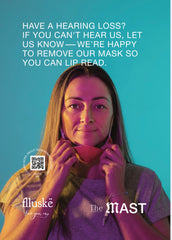 Photo of a woman with her mask moved down below her lips, smiling, with text saying 'Have a hearing loss? If you can't hear us, let us know - we're happy to remove our mask so you can lip read.'