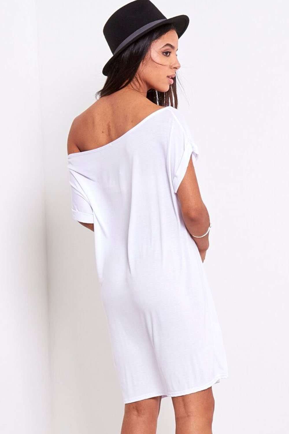 white off the shoulder t shirt dress