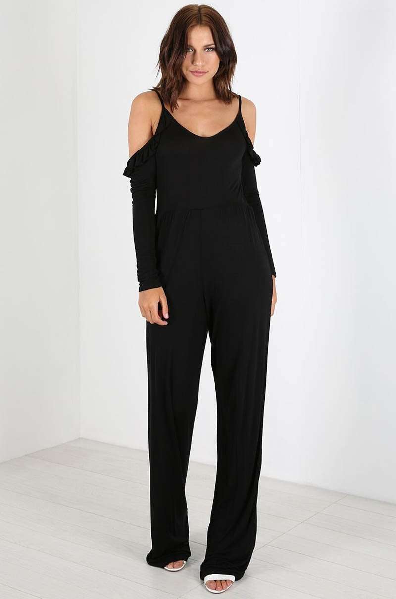 Emillie Frill Sleeve Monochrome Pinstripe Jumpsuit | Womens Fashion