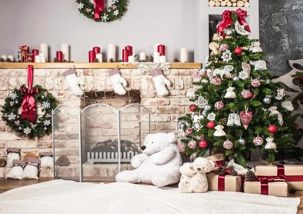 Shopping Christmas indoor fireplace with bear backdrop - whosedrop