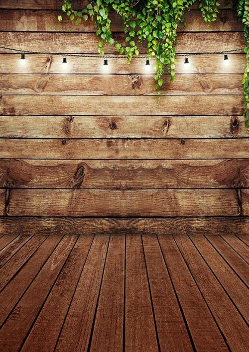 Shop Brown wood wall floor backdrop with green leaves 