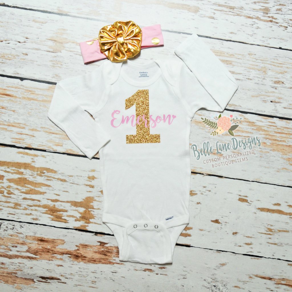 Girl S First Birthday Gold Glitter One With Name Personalized First