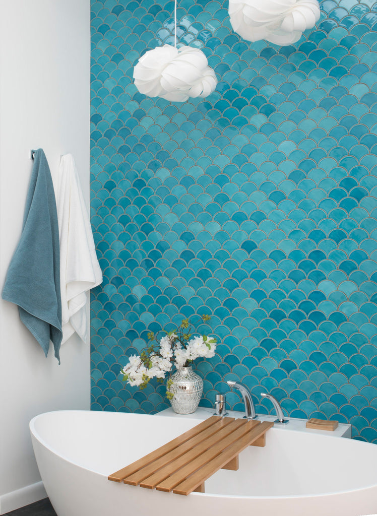 Watery Blue Fish Scale Ensuite | Handmade Tile | Mercury Mosaics