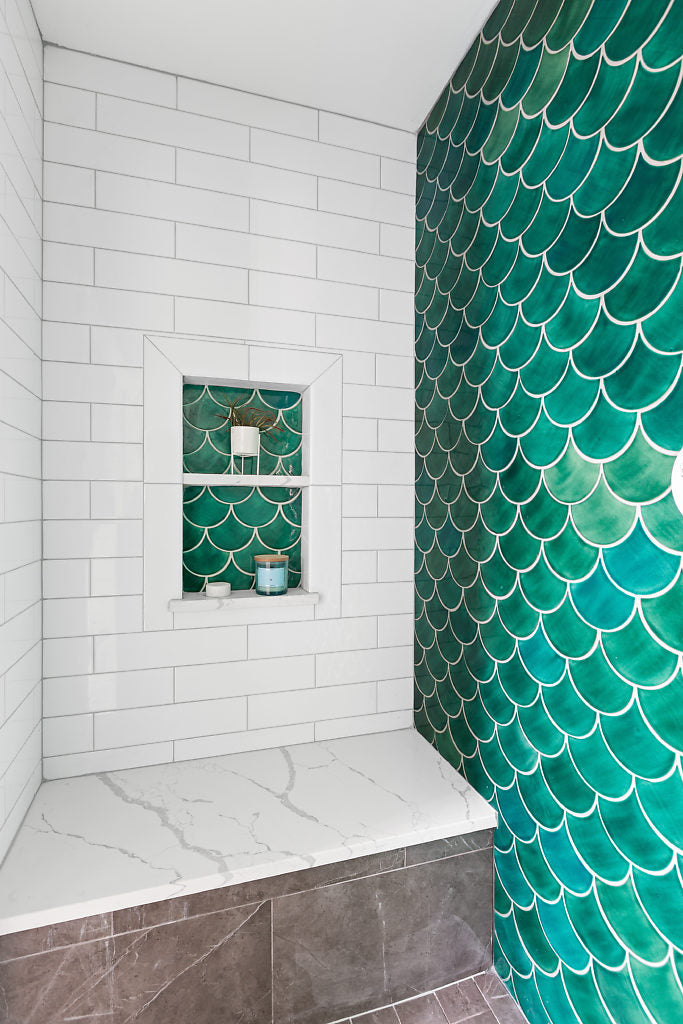 Teal Fish Scale Tiled Shower