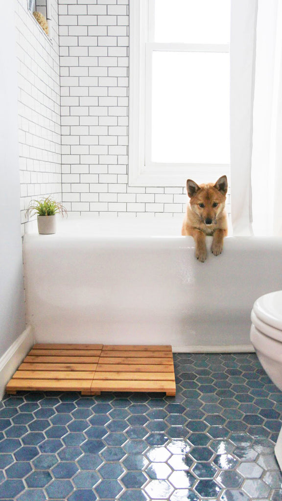 denim hexagon floor tile bathroom