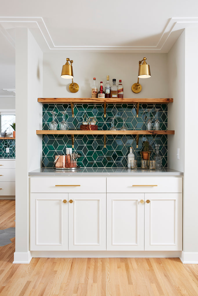 emerald green diamond tile backsplash