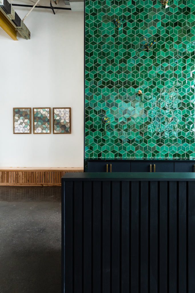 green diamond tile reception wall