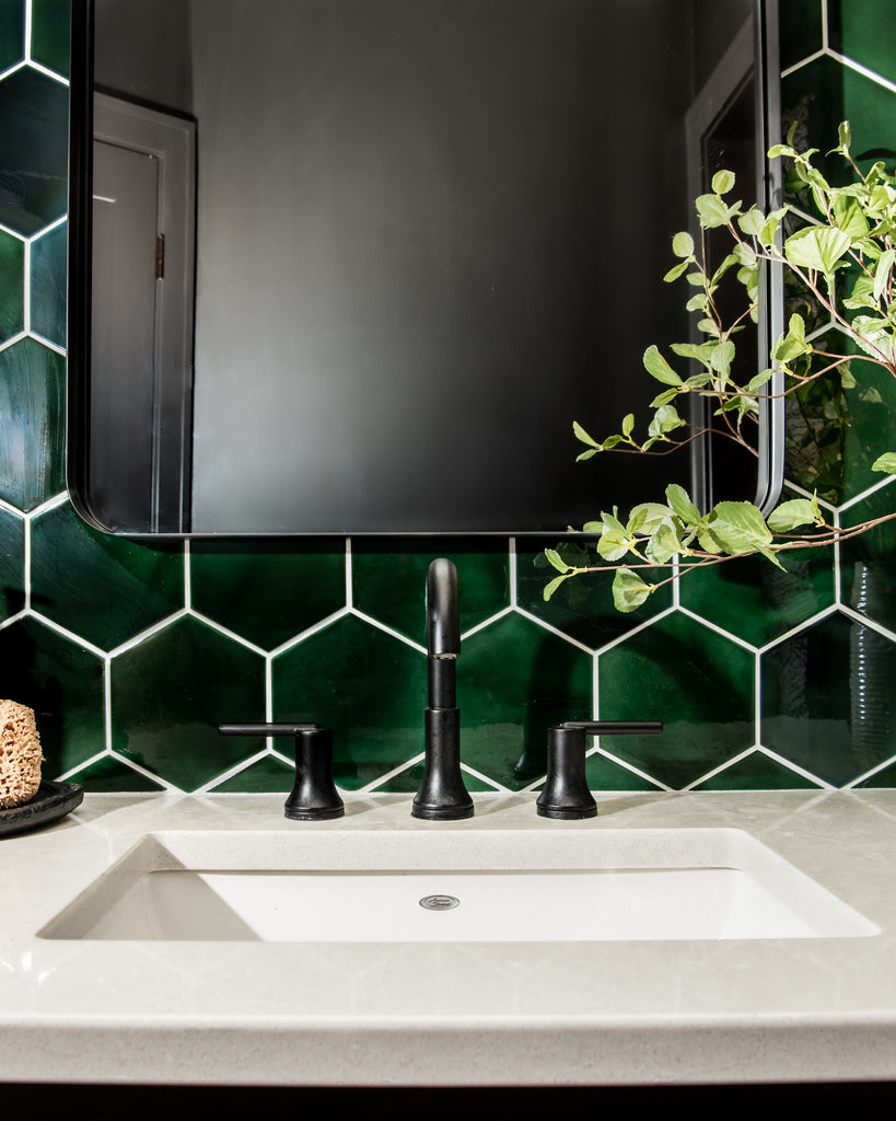 Deep Green Tiled Contemporary Powder Room